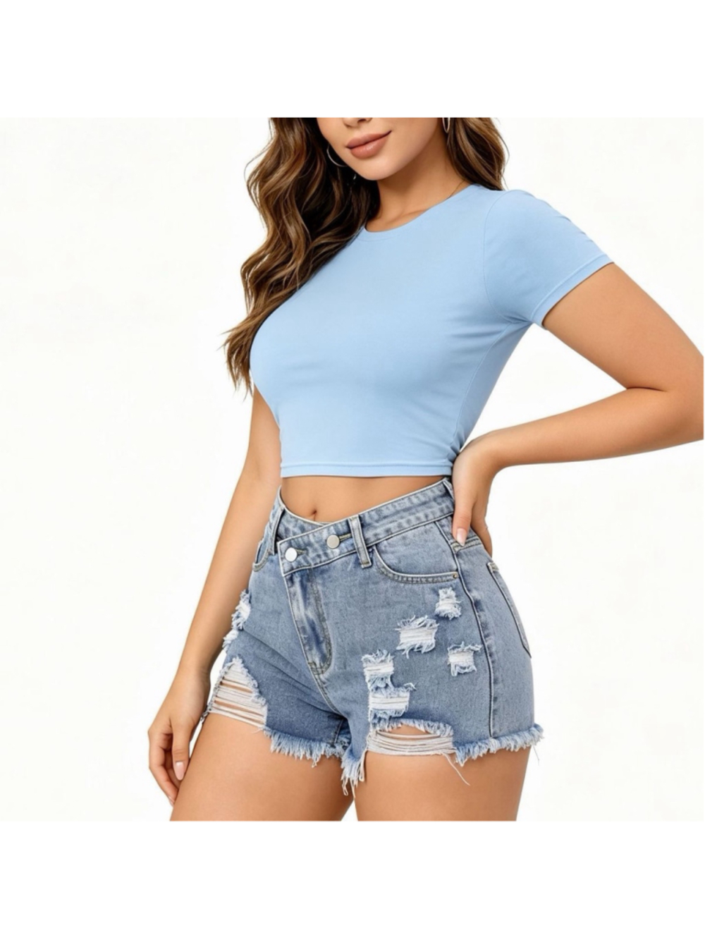 Micas High Waist Stretch Distressed Denim Shorts Dual Button Raw Frayed Hem